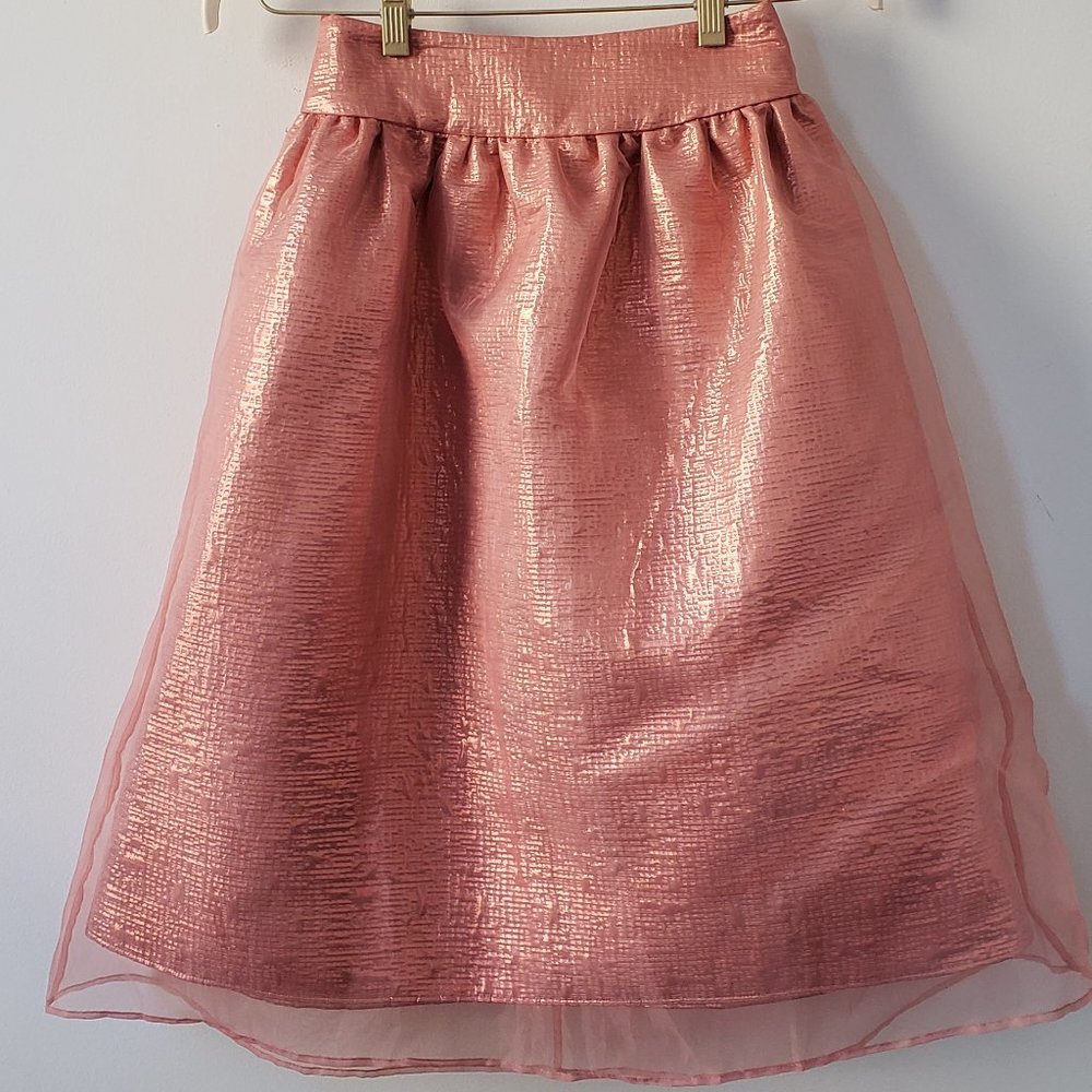 Metallic pink mid skirt with sheer shimmer overlay
